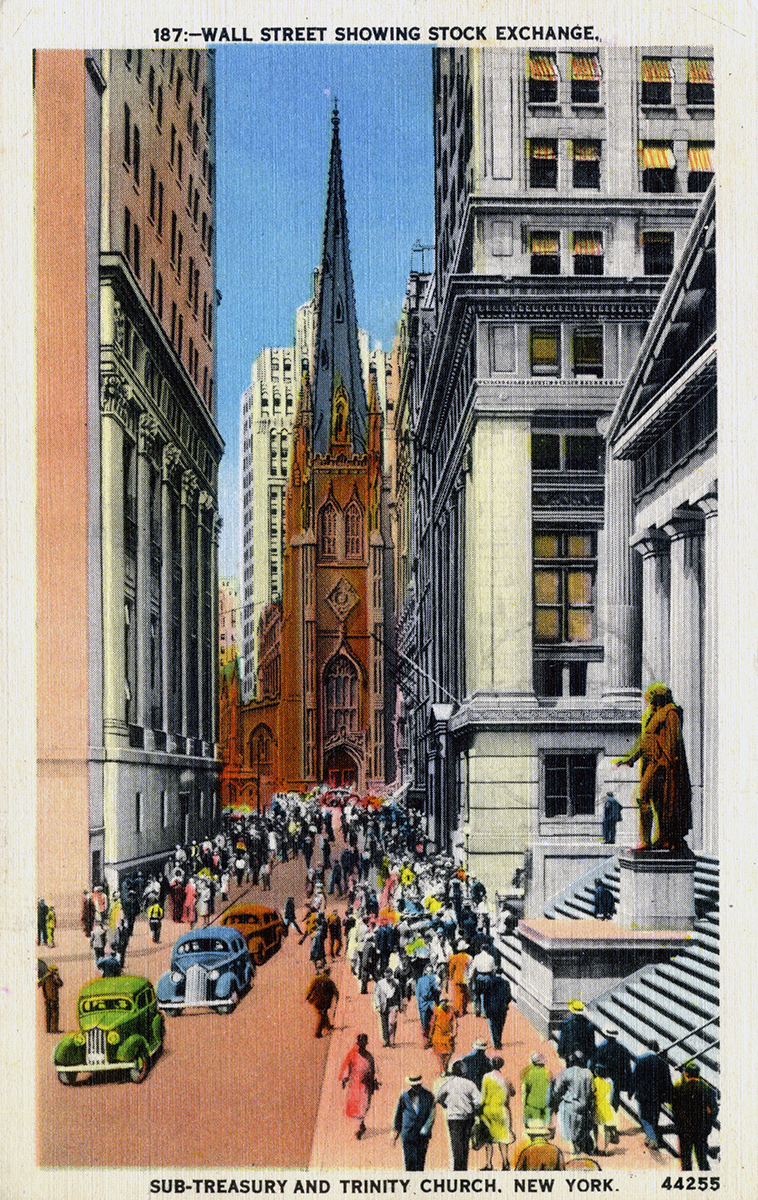 Wall Street Showing Stock Exchange, Sub-Treasury, and Trinity Church, New York